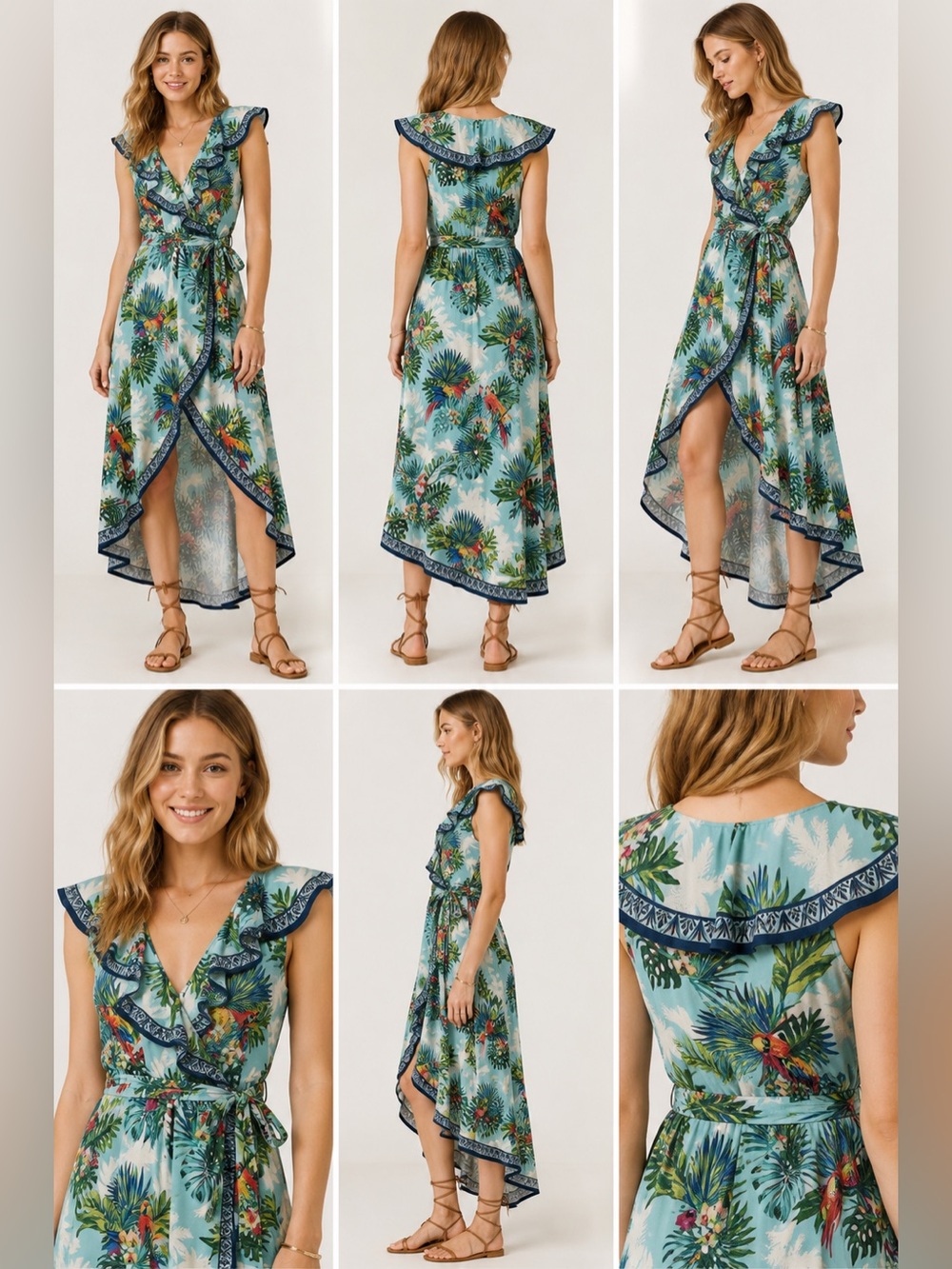 Flying Tomato Tropical Palm Print Ruffle Maxi Dress in Aqua Green